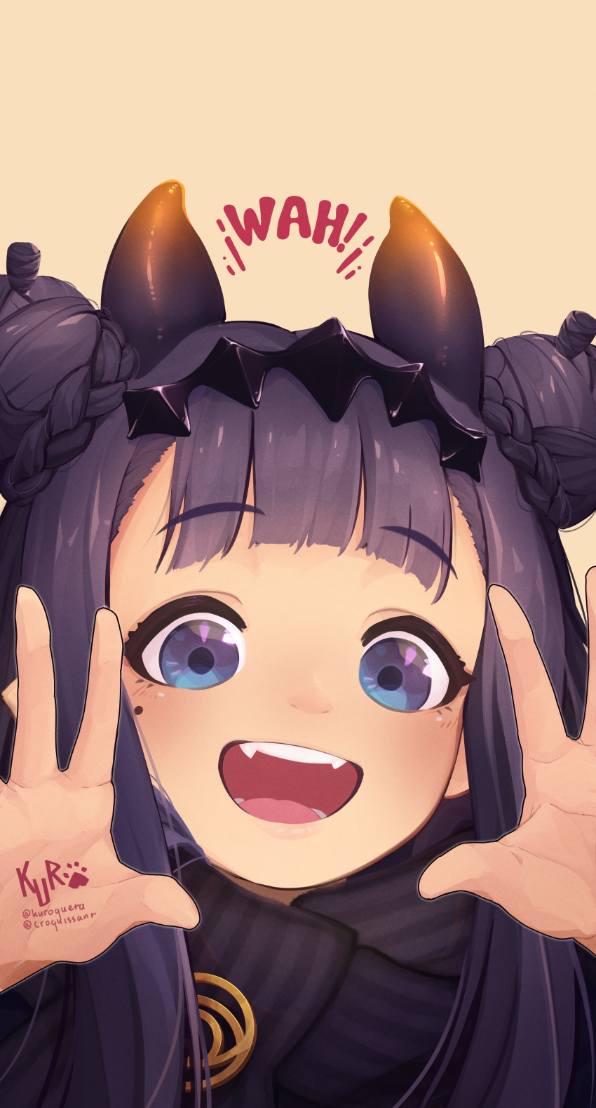 1girl :d absurdres bangs blue_eyes blunt_bangs brooch commentary double_bun hair_bun hands_up headpiece highres hololive hololive_english jewelry kuroqueta long_hair looking_at_viewer mole mole_under_eye ninomae_ina'nis pointy_ears portrait purple_hair scarf sidelocks signature simple_background smile solo spread_fingers straight-on tentacles twitter_username very_long_hair virtual_youtuber yellow_background