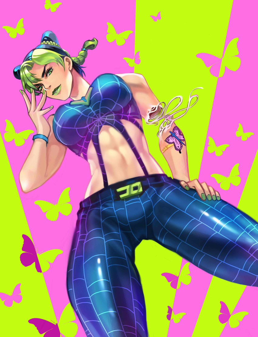 1girl absurdres animal_print anjingwang blue_pants braid breasts butterfly_print butterfly_tattoo cone_hair_bun cowboy_shot crop_top green_eyes green_lips green_nails hair_bun hand_on_hip highres jojo_no_kimyou_na_bouken kujo_jolyne large_breasts looking_at_viewer midriff multicolored_hair pants spider_web_print tattoo two-tone_hair