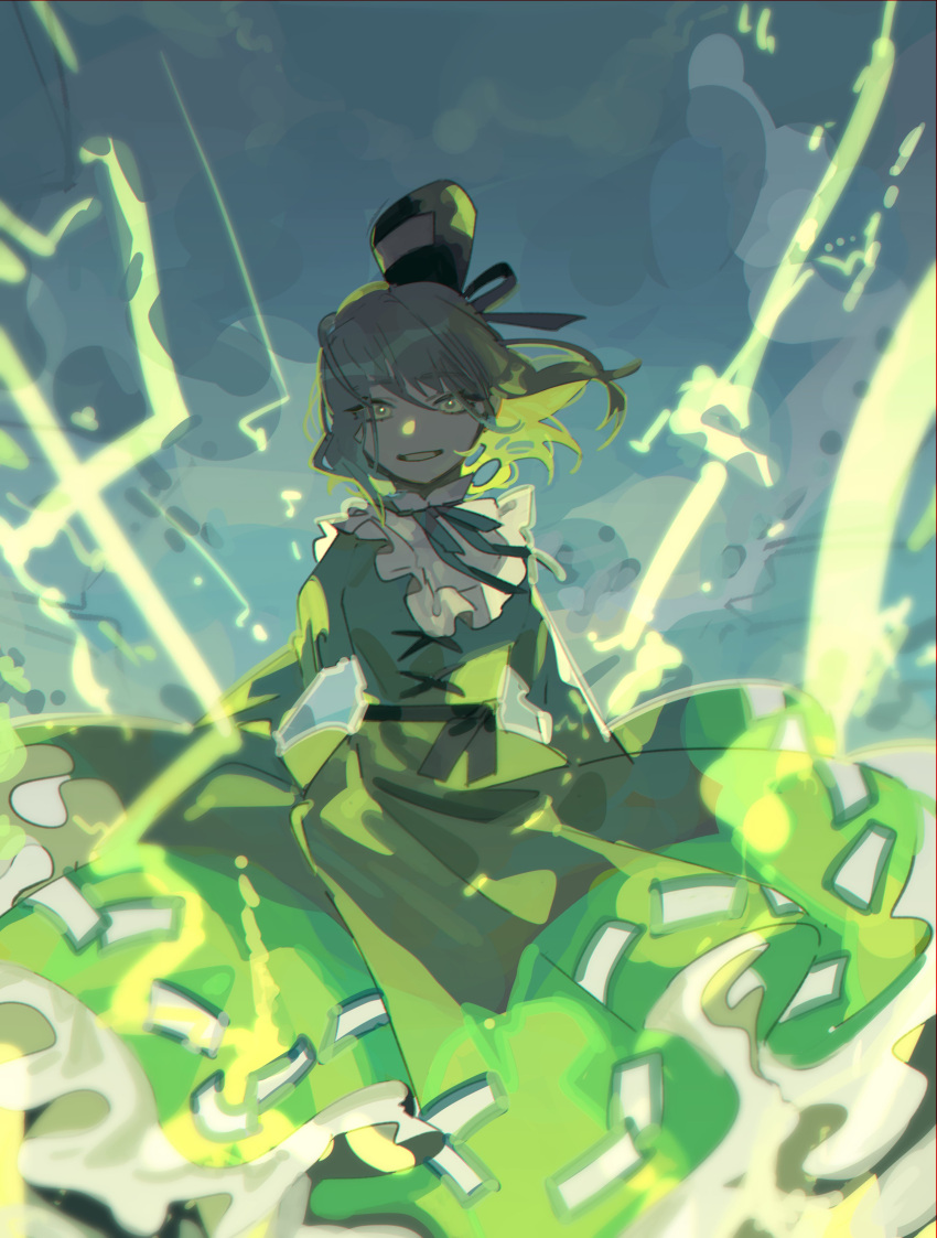 1girl absurdres black_headwear cross-laced_clothes dress electricity ghost_tail green_dress green_eyes green_hair hat highres long_sleeves looking_at_viewer ofuda ofuda_on_clothes one-hour_drawing_challenge open_mouth shi_chimi short_hair soga_no_tojiko solo tate_eboshi touhou