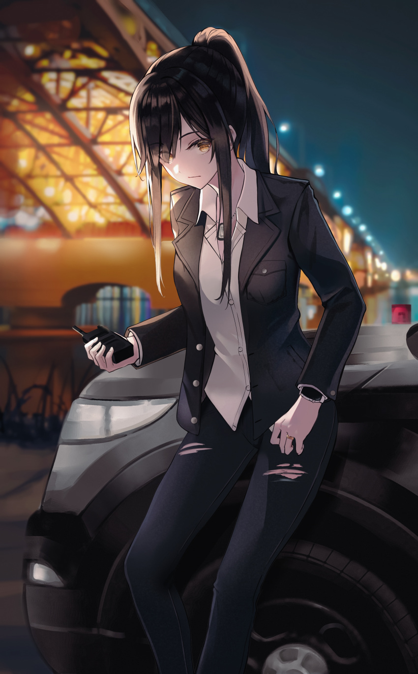 1girl absurdres bangs black_hair black_jacket black_pants bridge car collared_shirt commentary_request commission ground_vehicle highres holding holding_walkie-talkie jacket long_hair long_sleeves looking_at_viewer motor_vehicle night night_sky open_clothes open_jacket original outdoors pants pixiv_request ponytail shirt sidelocks sion_(im10042m) sky solo sports_utility_vehicle torn_clothes torn_pants walkie-talkie watch watch white_shirt yellow_eyes