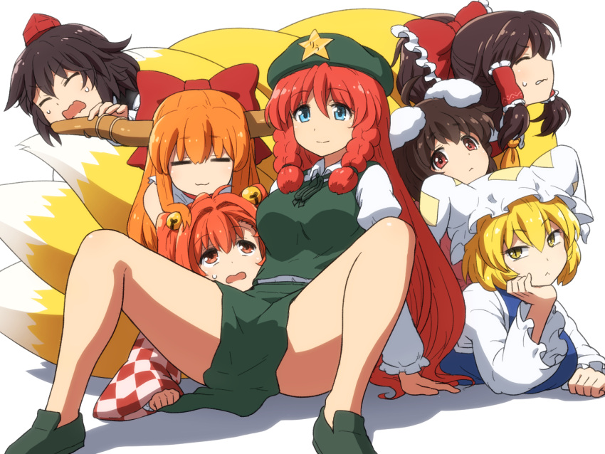 6+girls animal_ears arm_up ascot bangs bare_shoulders bell beret black_shorts blonde_hair blue_eyes blush bow bowtie braid breasts brown_hair chinese_clothes closed_eyes closed_mouth collared_dress collared_shirt commentary_request detached_sleeves dress fox_ears fox_tail frills green_bow green_bowtie green_footwear green_headwear green_skirt green_vest grey_shirt hair_bell hair_between_eyes hair_ornament hair_tubes hakurei_reimu hand_on_own_face hand_up hat hat_ornament hong_meiling horns ibuki_suika inaba_tewi juliet_sleeves large_breasts long_hair long_sleeves looking_at_another looking_at_viewer looking_to_the_side looking_up lying medium_breasts mob_cap motoori_kosuzu multiple_girls multiple_tails ofuda ofuda_on_clothes on_stomach open_mouth orange_ascot orange_eyes orange_hair plaid plaid_shirt puffy_long_sleeves puffy_short_sleeves puffy_sleeves rabbit_ears red_bow red_dress red_eyes red_headwear red_shirt redhead shameimaru_aya shirosato shirt shoes short_hair short_sleeves shorts simple_background sitting skirt skirt_set sleeveless sleeveless_shirt smile spread_legs star_(symbol) star_hat_ornament sweat sweatdrop tabard tail teeth tokin_hat touhou twin_braids twintails vest white_background white_dress white_headwear white_shirt wide_sleeves yakumo_ran yellow_eyes
