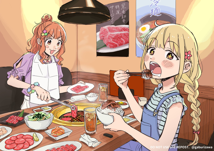 2girls :3 bangs blonde_hair bowl braid brown_eyes chopsticks commentary_request cooking eating food futaba_anzu gaburizawa griddle grill grilling hair_bun hair_ornament highres holding holding_chopsticks holding_plate idolmaster idolmaster_cinderella_girls long_hair looking_at_viewer low_twin_braids low_twintails meat moroboshi_kirari multiple_girls open_mouth orange_hair overalls plate poster_(object) restaurant rice_bowl single_hair_bun star_(symbol) star_hair_ornament tongs twin_braids twintails yakiniku