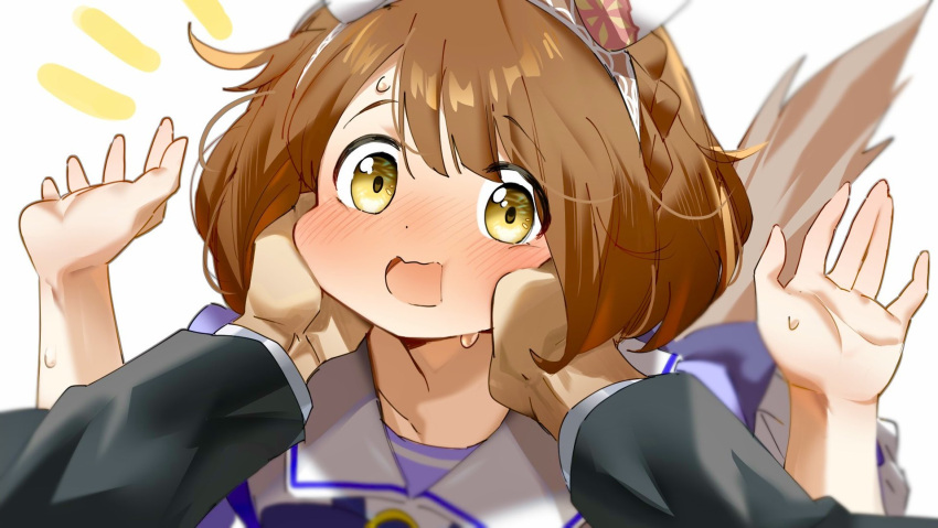 animal_ears blush brown_eyes brown_hair commentary_request hakoneko_(marisa19899200) hands_on_another's_cheeks hands_on_another's_face headband highres horse_ears horse_girl horse_tail looking_at_viewer open_mouth pov pov_hands school_uniform simple_background surprised tail tracen_school_uniform umamusume white_background yukino_bijin_(umamusume)