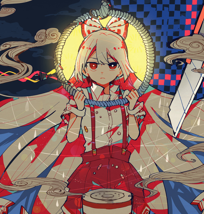 1girl backlighting bangs blade blunt_bangs bow bright_pupils cable checkered_background closed_mouth collared_shirt cowboy_shot electric_plug floating_hair fujiwara_no_mokou hair_bow hands_up high-waist_pants highres holding holding_rope itomugi-kun long_hair looking_at_viewer pants polka_dot puffy_pants red_eyes red_pants rope serious shirt shirt_tucked_in short_sleeves solo suspenders torn_clothes torn_sleeves touhou very_long_hair vignetting w_arms white_bow white_hair white_pupils white_shirt wing_collar wrist_cuffs