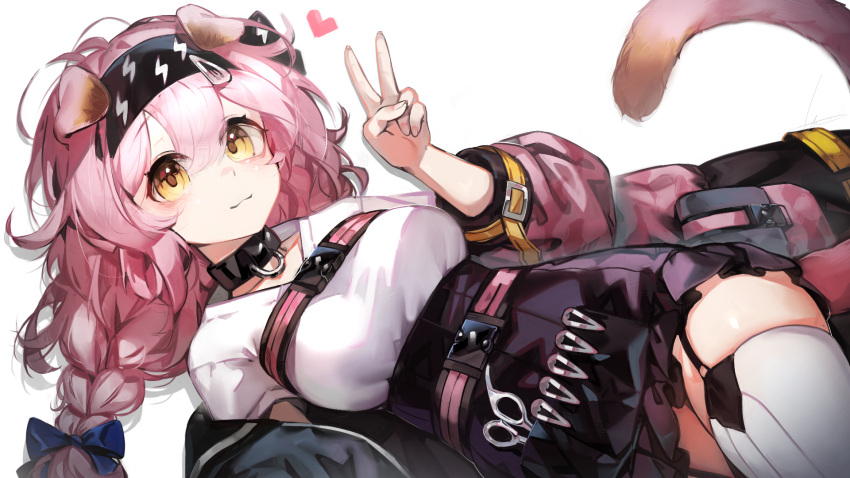 1girl animal_ears arknights black_bracelet black_choker black_hairband black_skirt blue_bow bow braid cat_ears cat_girl cat_tail choker closed_mouth coat floppy_ears garter_straps goldenglow_(arknights) hair_bow hairband heart high-waist_skirt highres jacket libiadan lightning_bolt_print long_sleeves looking_at_viewer medium_hair multicolored_clothes multicolored_jacket off_shoulder pink_coat pink_jacket print_hairband scissors scottish_fold side_braid simple_background skirt smile solo tail thigh-highs two-tone_coat v white_background white_thighhighs yellow_eyes zettai_ryouiki