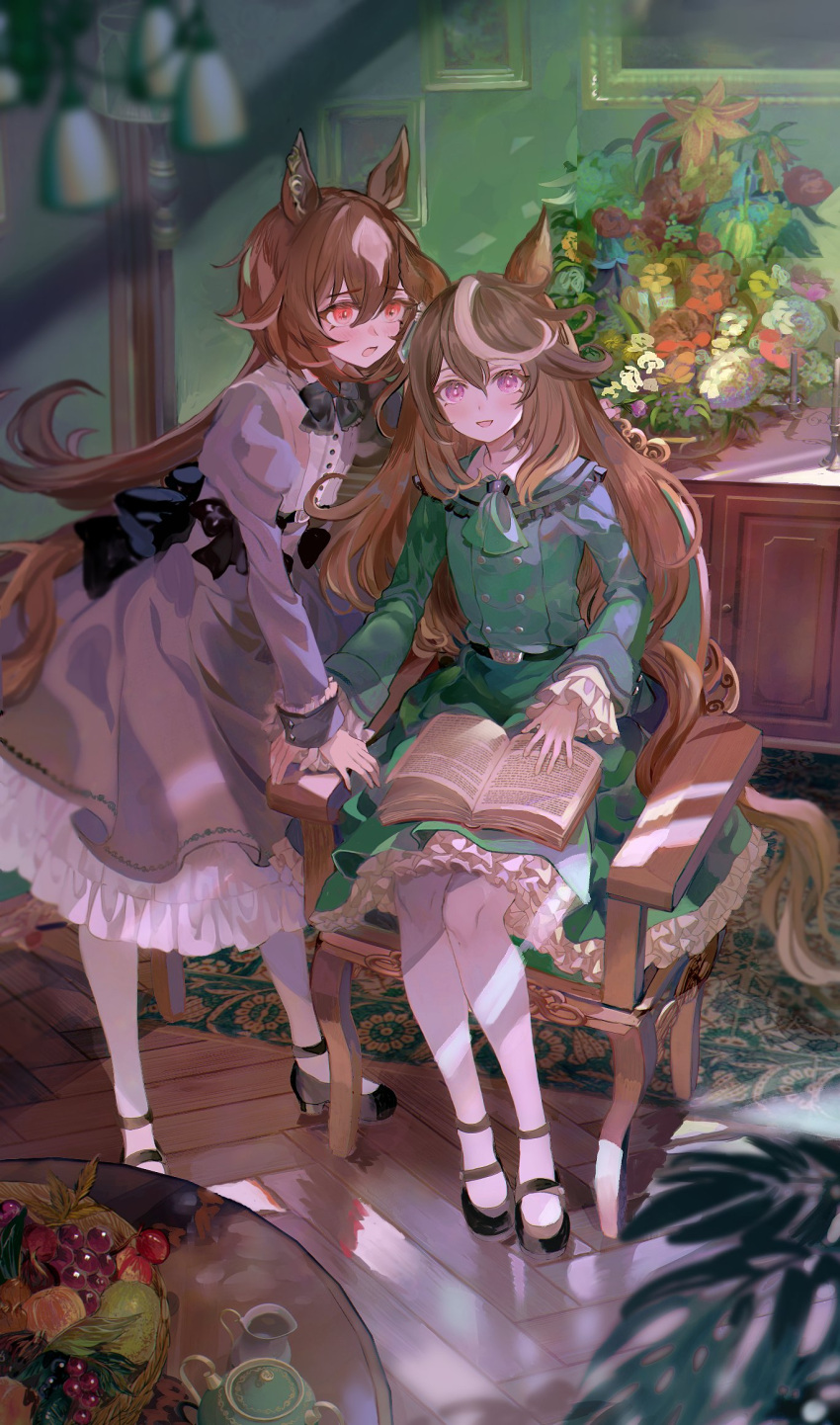 2girls aged_down animal_ears ascot basket belt black_footwear book bow bowtie brown_hair chair dress flower food fruit green_ascot green_dress grey_dress highres horse_ears horse_girl horse_tail indoors juliet_sleeves long_sleeves mary_janes multicolored_hair multiple_girls open_book open_mouth painting_(object) puffy_sleeves red_eyes shoes sirius_symboli_(umamusume) sitting standing streaked_hair symboli_rudolf_(umamusume) tail thigh-highs umamusume violet_eyes white_thighhighs yoshida_(ne)