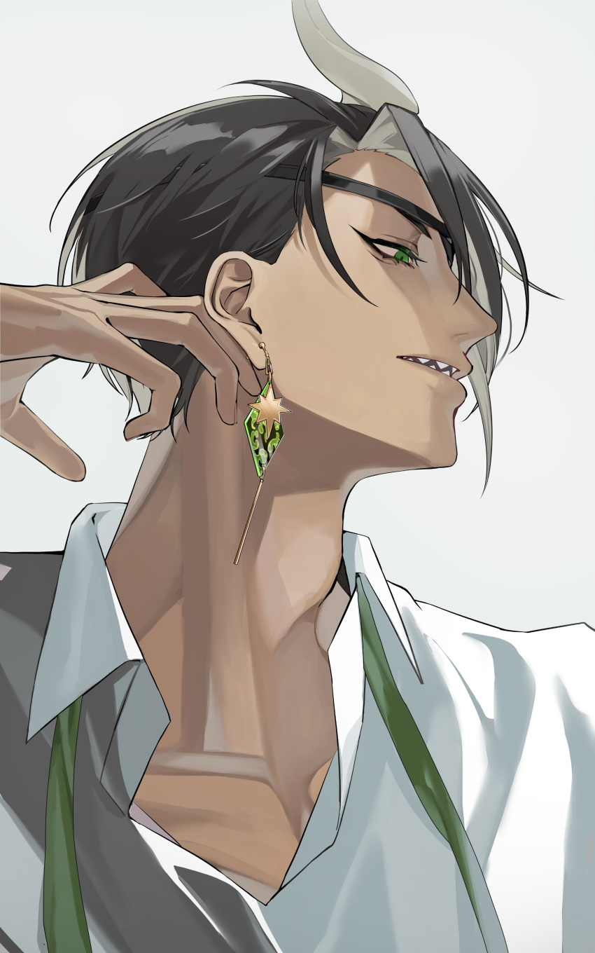 1boy absurdres adam's_apple aragami_oga black_hair collared_shirt dangle_earrings dark-skinned_male dark_skin diamond_earrings earrings eyepatch green_eyes green_necktie hair_over_one_eye hand_up highres holostars horns jewelry looking_to_the_side male_focus naizou_bug necktie open_collar parted_lips profile sharp_teeth shirt short_hair simple_background single_horn solo teeth undone_necktie upper_body virtual_youtuber white_background white_shirt