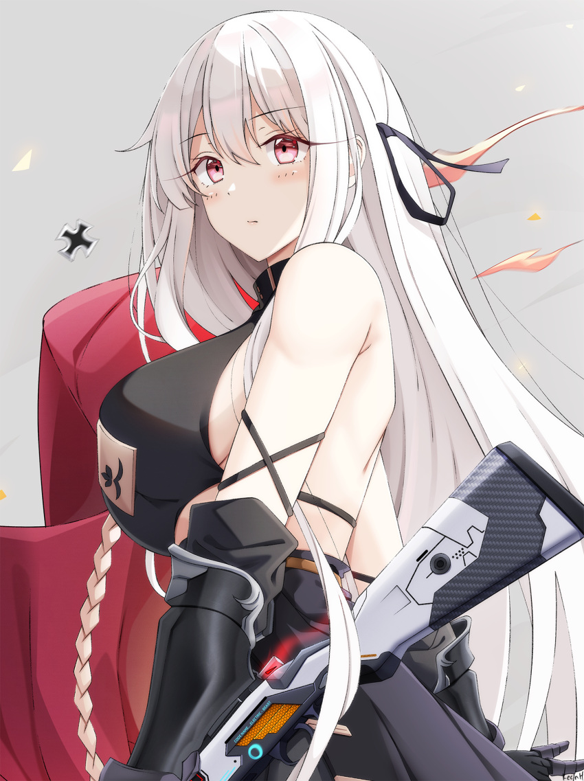 1girl bangs bare_shoulders black_gloves blush breasts closed_mouth elbow_gloves from_side girls_frontline gloves grey_background gun hair_ornament highres kar98k_(girls'_frontline) keenh large_breasts long_hair looking_at_viewer red_eyes solo weapon white_hair