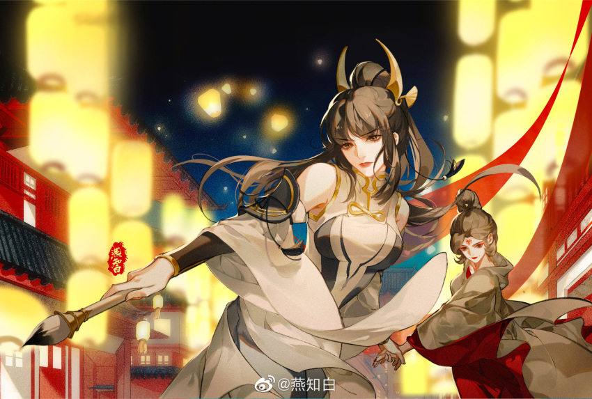 2girls architecture brown_hair building character_request closed_mouth detached_sleeves east_asian_architecture facial_mark forehead_mark glowing hair_bun hair_ornament highres holding holding_brush holding_hands lantern long_hair multiple_girls night shanguang_wan'er_(wangzhe_rongyao) upper_body wangzhe_rongyao yanzhi_bai