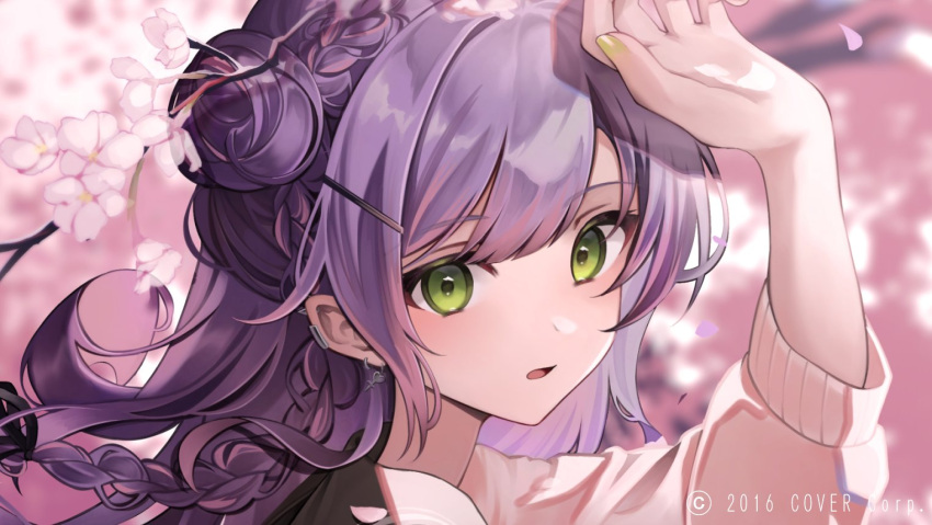 1girl alternate_hairstyle amanai_daisy braid cherry_blossoms colored_tips earrings french_braid green_eyes hair_bun hair_ornament hairclip heart heart_earrings hololive jewelry long_hair long_sleeves multicolored_hair official_art one_side_up paid_reward_available parted_lips pink_hair pointy_ears purple_hair shading_eyes single_side_bun solo streaked_hair surprised tokoyami_towa virtual_youtuber