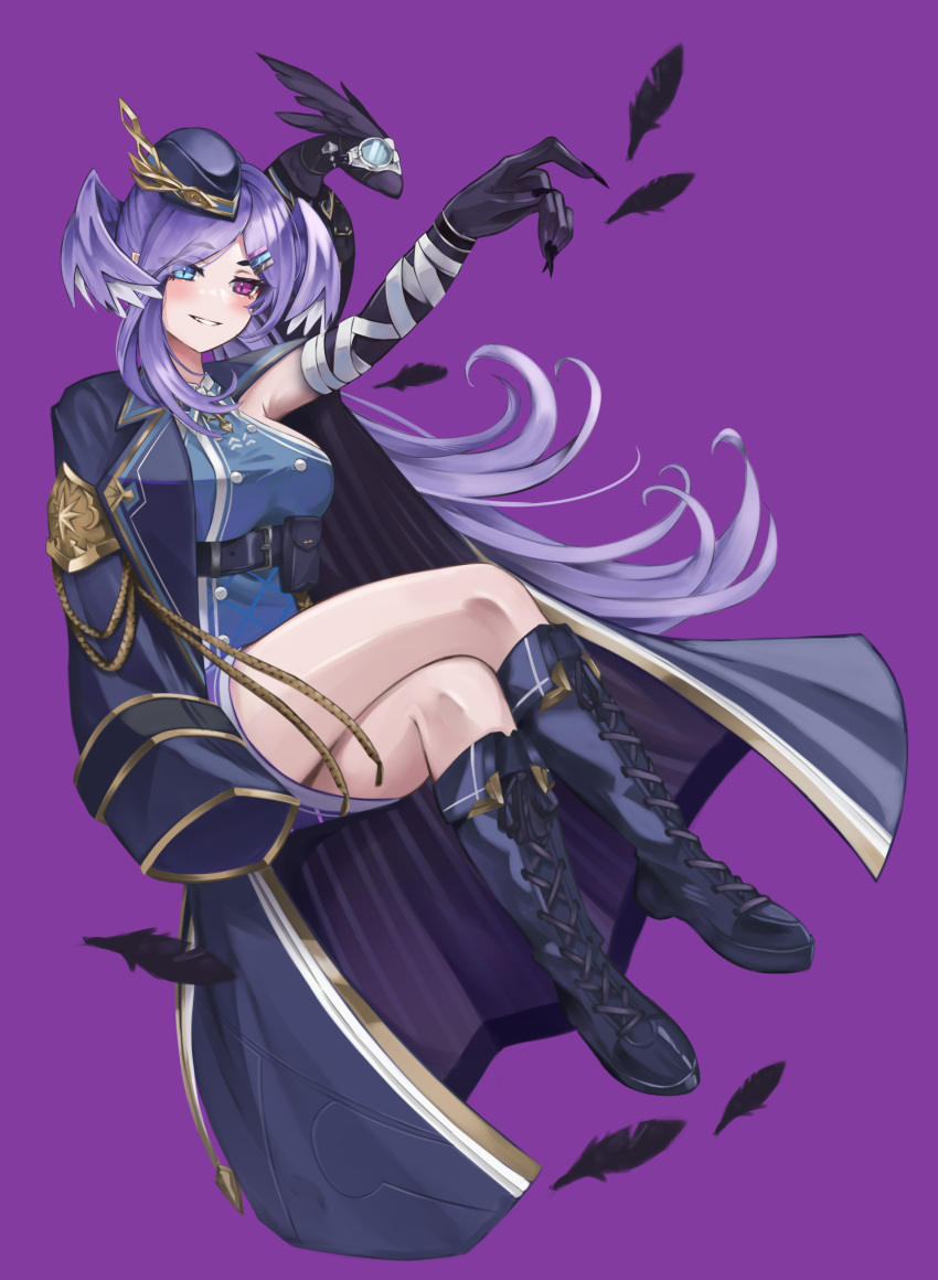 1girl absurdres alien_simp bandaged_arm bandages belt blue_eyes boots coat cross-laced_footwear crossed_legs dress ember_(selen_tatsuki) feathers full_body grin head_wings highres long_hair military military_uniform nijisanji nijisanji_en official_alternate_costume purple_background purple_hair selen_tatsuki simple_background sleeveless sleeveless_dress smile solo uniform violet_eyes virtual_youtuber