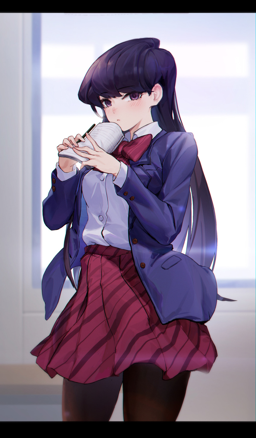 1girl absurdres bangs black_border blush book border bow bowtie brown_pantyhose buttons closed_mouth collared_shirt diagonal-striped_bow diagonal-striped_bowtie diagonal-striped_skirt diagonal_stripes eyelashes feet_out_of_frame highres holding holding_book komi-san_wa_komyushou_desu komi_shouko long_hair looking_at_viewer pantyhose pleated_skirt r1zen red_bow red_bowtie red_skirt school_uniform shirt shirt_tucked_in sidelocks skirt solo striped swept_bangs violet_eyes white_shirt wing_collar