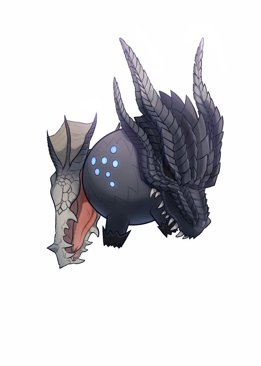blue_eyes commentary_request fatalis full_body fusion highres horns monster_hunter_(series) no_humans pokemon pokemon_(creature) regidrago simple_background skull solo tongue white_background zhen_xionggui