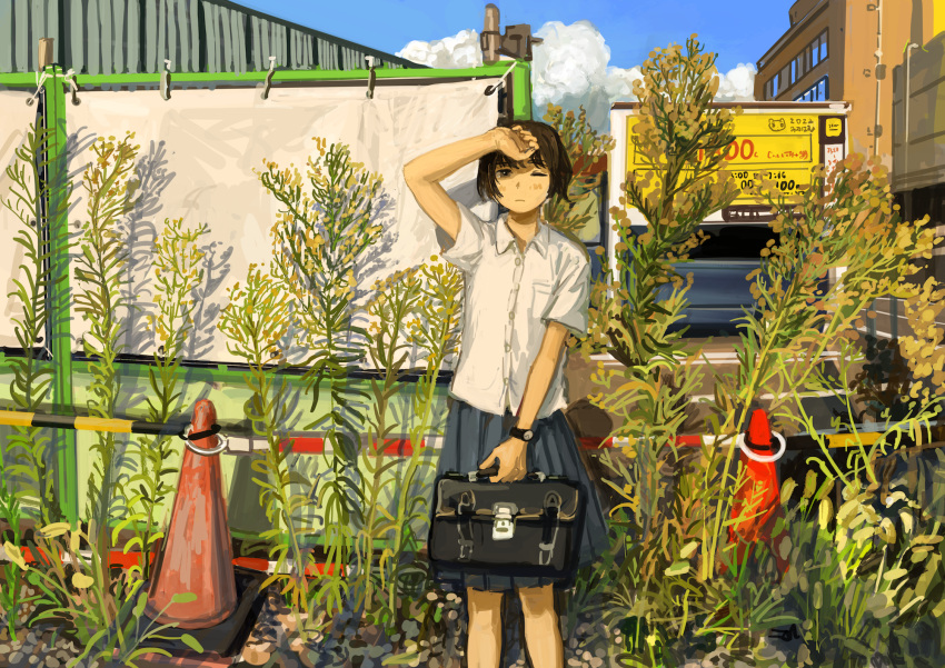 1girl bag bangs black_bag blue_skirt blue_sky blush brown_eyes brown_hair building closed_mouth clouds collared_shirt hand_up highres holding holding_bag looking_at_viewer minahamu one_eye_closed original outdoors plant pleated_skirt school_bag school_uniform shirt short_hair short_sleeves skirt sky solo standing traffic_cone white_shirt