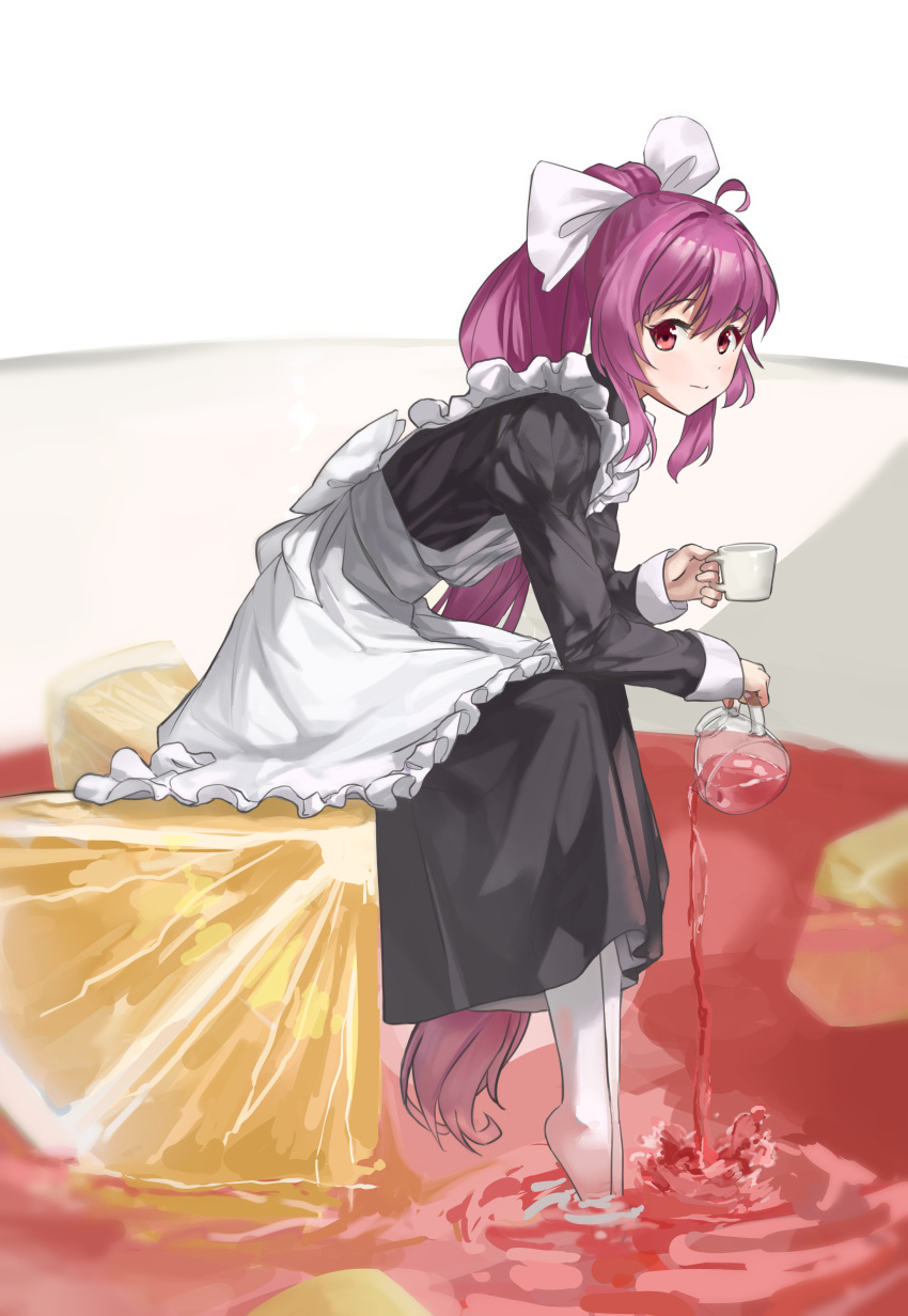 1girl absurdres alternate_costume blush closed_mouth cup enmaided food fruit hair_ribbon highres holding holding_cup indoors juice keibi_inu long_hair looking_at_viewer maid orange_(fruit) pantyhose ponytail purple_hair red_eyes ribbon shiny shiny_hair solo sugiura_ayano white_pantyhose yuru_yuri