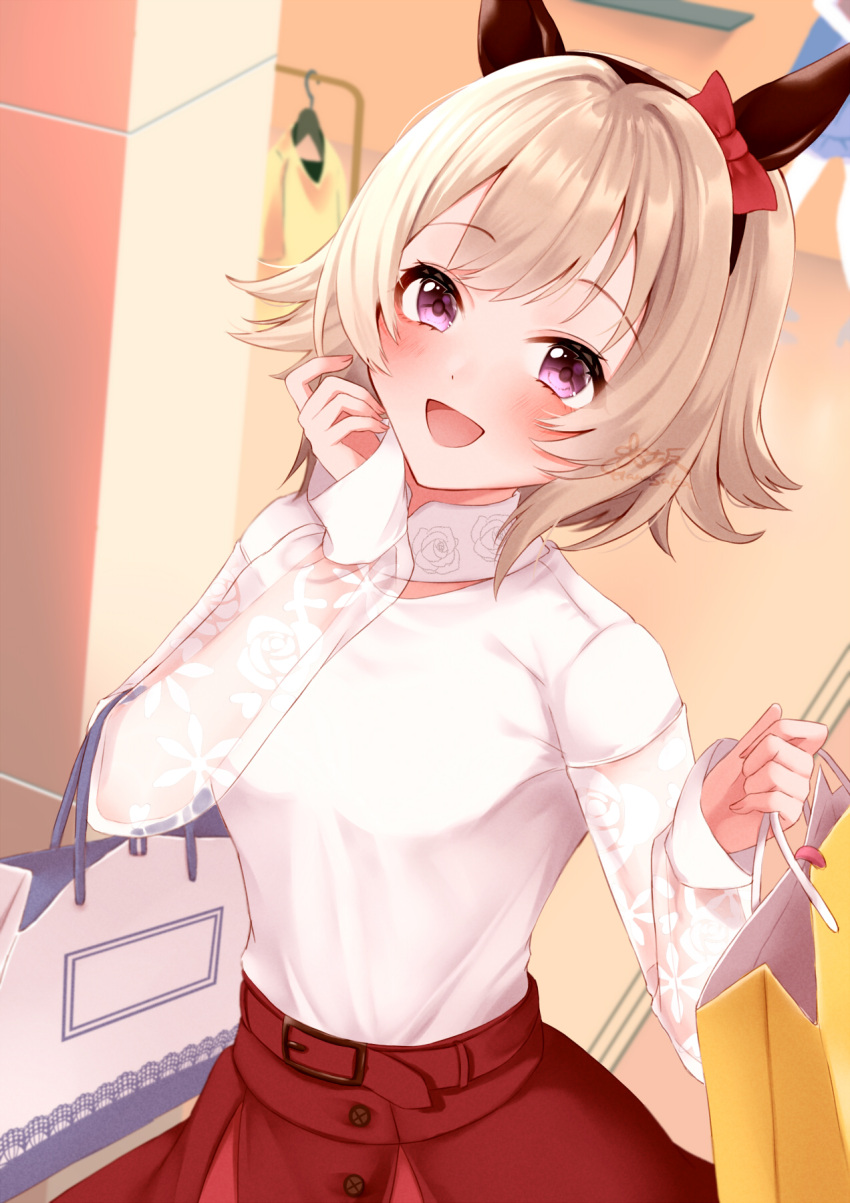 1girl alternate_costume animal_ears bag blush breasts commentary_request curren_chan_(umamusume) hanasaka_(9769z) highres horse_ears horse_girl horse_tail medium_breasts open_mouth shopping shopping_bag short_hair solo tail umamusume violet_eyes white_hair