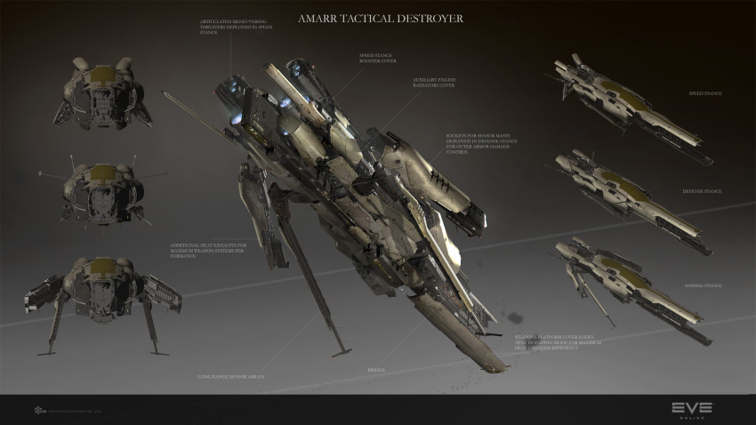 3d amarr_empire_(eve_online) concept_art confessor_(eve_online) destroyer_(eve_online) engine english_text eve_online from_above from_behind from_below from_side glowing gradient gradient_background grey_background highres logo machinery military military_vehicle multiple_views no_humans realistic science_fiction sobaku-chiuchiu spacecraft vehicle_focus