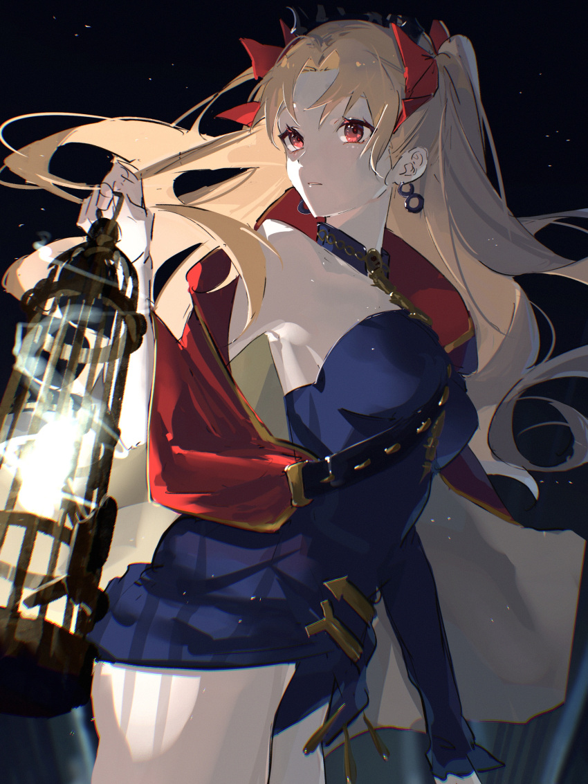 1girl absurdres asymmetrical_sleeves bangs black_background blonde_hair bow breasts cape commentary_request earrings ereshkigal_(fate) expressionless fate/grand_order fate_(series) gold_trim hair_bow hair_ribbon highres holding holding_lantern hoop_earrings infinity jewelry lantern light_particles long_hair looking_away medium_breasts multicolored_cape multicolored_clothes nakatsuka123 parted_bangs red_cape red_eyes ribbon simple_background single_sleeve solo spine tiara two_side_up uneven_sleeves upper_body very_long_hair yellow_cape