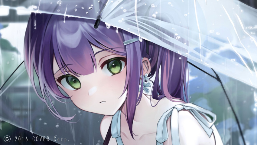 1girl alternate_hair_length alternate_hairstyle amanai_daisy barbell_piercing bare_shoulders ear_piercing earrings flower_earrings green_eyes hair_ornament hairclip holding holding_umbrella hololive jewelry long_hair looking_at_viewer official_art paid_reward_available parted_lips piercing ponytail purple_hair rain solo surprised tokoyami_towa umbrella virtual_youtuber