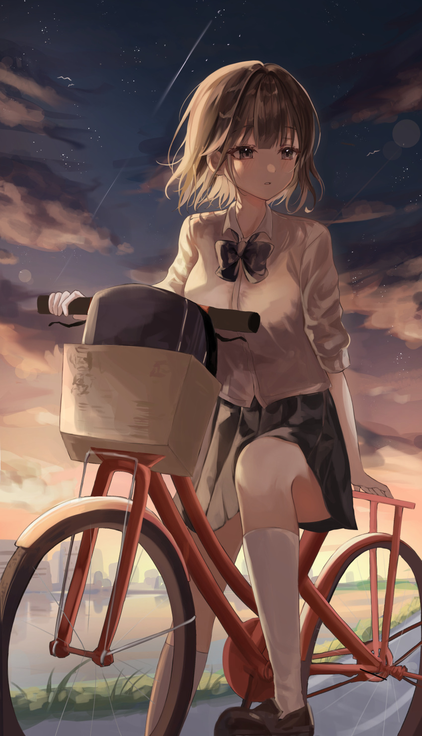 1girl absurdres bag bangs bicycle bird black_bow black_skirt blue_sky blunt_bangs bow bowtie brown_footwear brown_hair building chabi clouds cloudy_sky collared_shirt foot_out_of_frame grass grey_eyes ground_vehicle highres holding lake light_blush long_sleeves looking_away looking_to_the_side open_mouth orange_sky original pleated_skirt road school_uniform shiny shiny_hair shirt short_hair skirt sky socks solo standing standing_on_one_leg star_(sky) sunset uniform white_shirt white_socks