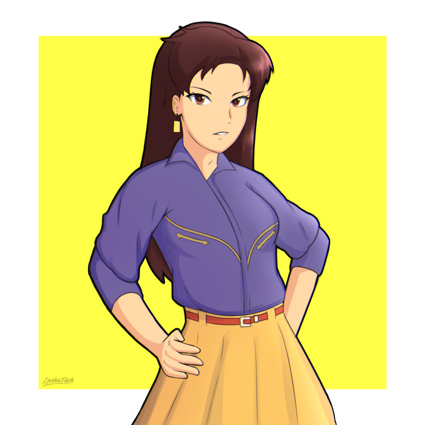 1girl animal_ears bangs belt blue_shirt border brown_eyes brown_hair collared_shirt hands_on_hips highres lackatask long_hair long_sleeves moritaka_chisato parted_bangs parted_lips pleated_skirt real_life red_belt shirt simple_background skirt solo upper_body white_border yellow_background yellow_skirt