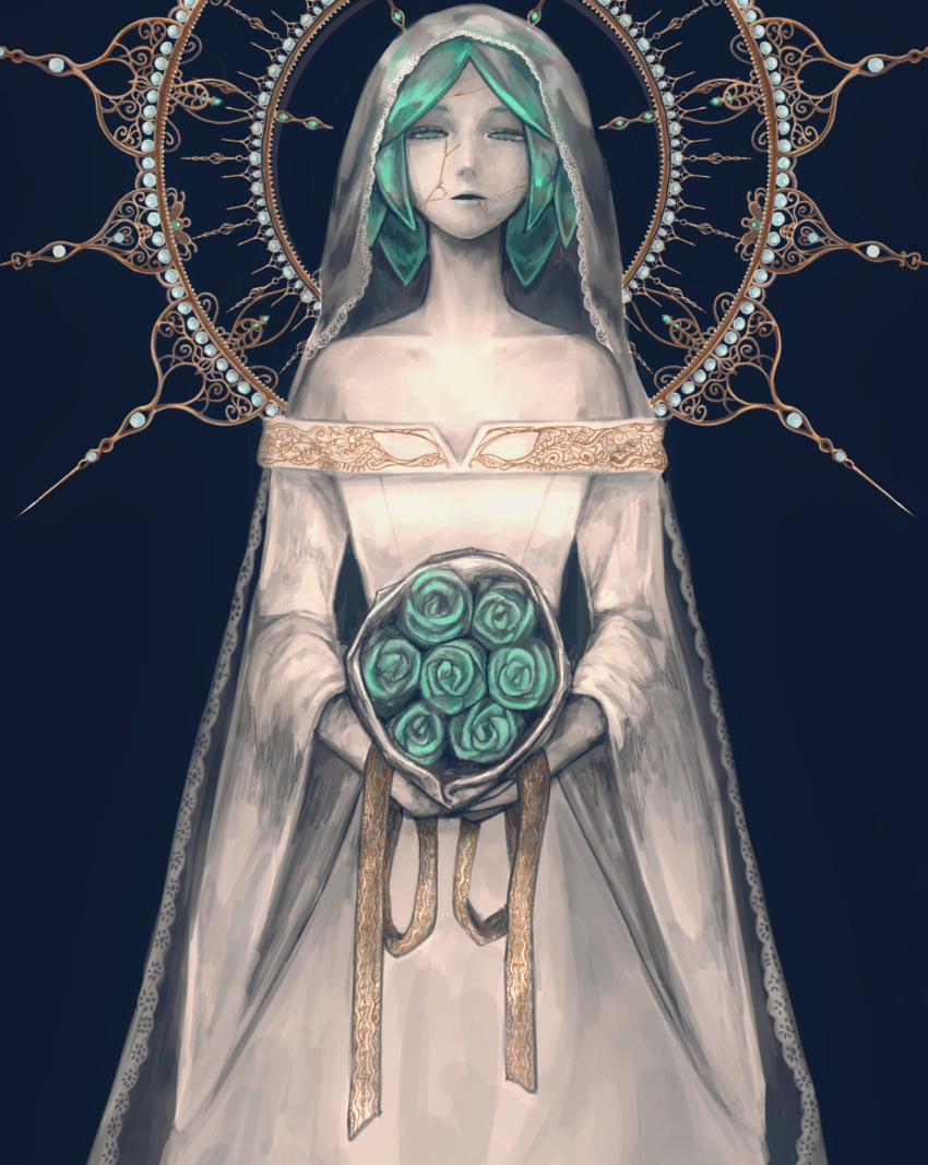 1other androgynous aqua_eyes aqua_flower aqua_hair bangs bare_shoulders black_background cowboy_shot crack cracked_skin crystal_hair dress expressionless flower green_eyes green_flower green_hair half-closed_eyes highres holding holding_flower houseki_no_kuni jade_suitai looking_at_viewer parted_bangs parted_lips phosphophyllite short_hair standing wedding_dress white_dress