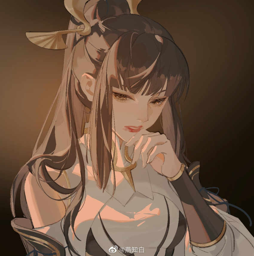 1girl backlighting brown_hair dark detached_sleeves dress gradient gradient_background hair_ornament hand_up long_hair looking_to_the_side parted_lips ponytail portrait shanguang_wan'er_(wangzhe_rongyao) solo teeth thinking wangzhe_rongyao white_dress yanzhi_bai