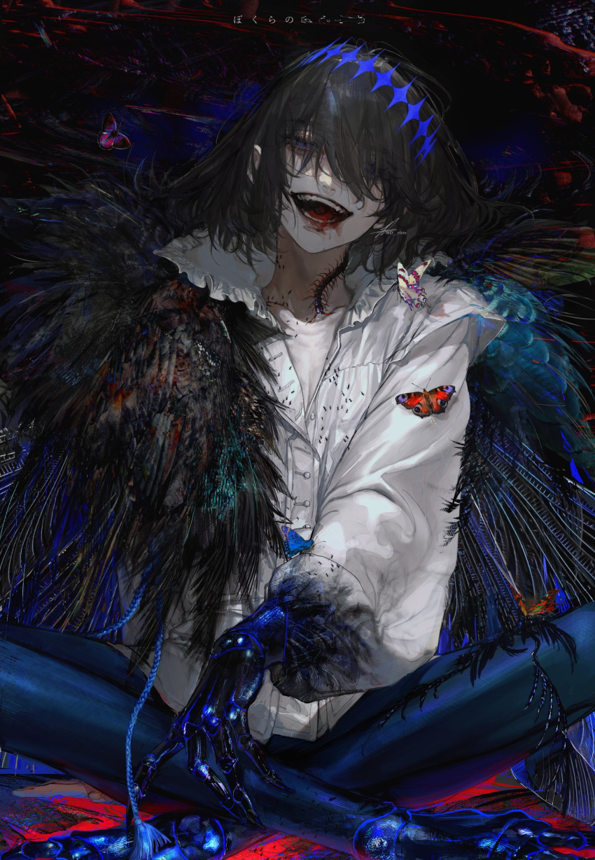 1boy ant arthropod_boy au_(d_elite) background_text bangs black_hair blood blue_eyes blue_pants bug butterfly centipede claws cloak collar collared_shirt crown dark_persona diamond_hairband evil_smile eyes_visible_through_hair fate/grand_order fate_(series) feather_boa frilled_collar frills gradient_butterfly highres insect_wings long_sleeves looking_at_viewer male_focus medium_hair oberon_(fate) oberon_(third_ascension)_(fate) official_alternate_costume official_alternate_hair_color open_mouth pants puffy_sleeves shirt sitting smile solo tassel teeth white_shirt wings
