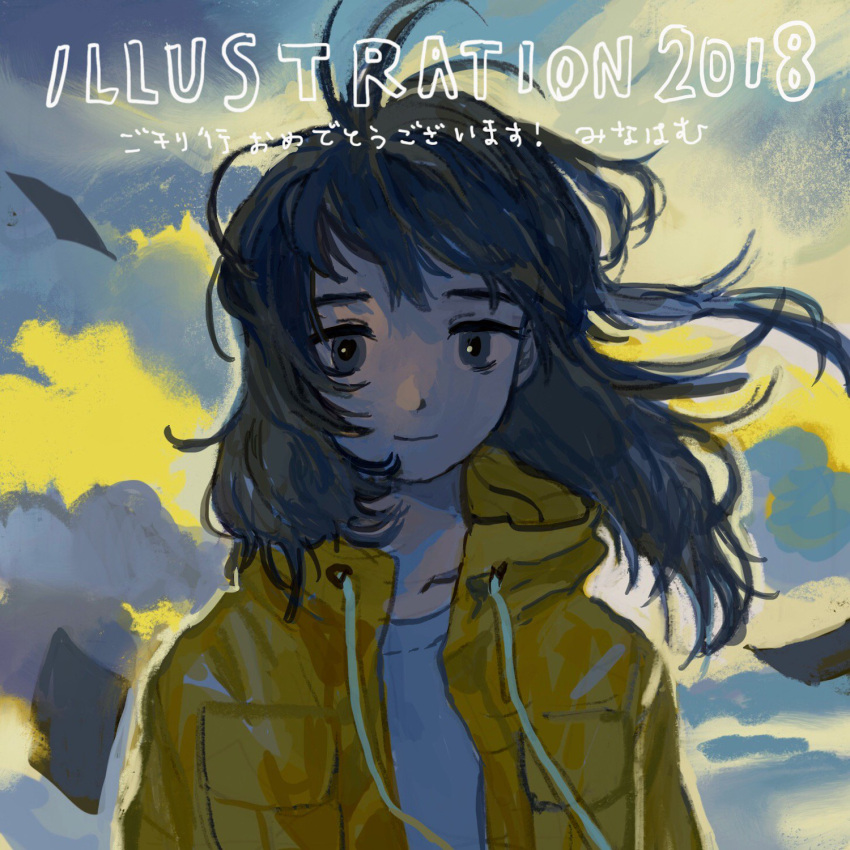 1girl 2018 bangs clouds cloudy_sky drawstring highres illustration.media jacket looking_at_viewer minahamu original outdoors paper portrait shadow sky smile solo wind yellow_jacket