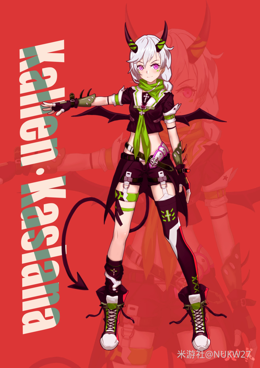 1girl absurdres alternate_eye_color bangs black_gloves black_shirt black_shorts black_thighhighs braid braided_ponytail character_name closed_mouth demon_girl demon_horns demon_tail demon_wings fingerless_gloves full_body gloves green_neckerchief green_scarf highres honkai_(series) honkai_impact_3rd horns kallen_kaslana long_hair looking_at_viewer neckerchief nukw27 pink_eyes red_background scarf shirt shoes shorts single_thighhigh smile sneakers solo tail thigh-highs white_hair wings