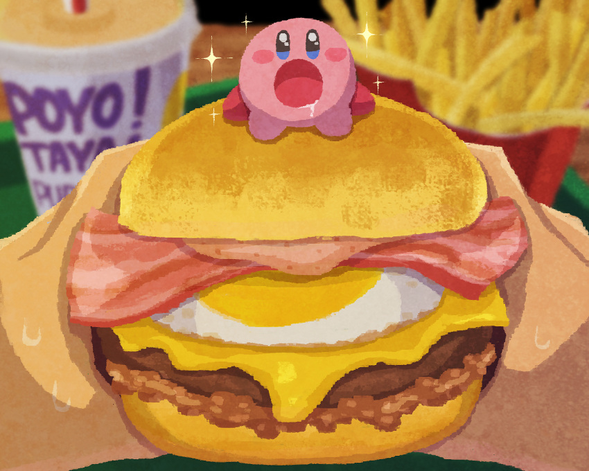 bacon blurry blurry_background burger cheese double_bun egg food food_focus french_fries hair_bun kirby kirby_(series) meat miclot on_food open_mouth saliva saliva_trail soda sparkle sparkling_eyes sweat sweatdrop tongue