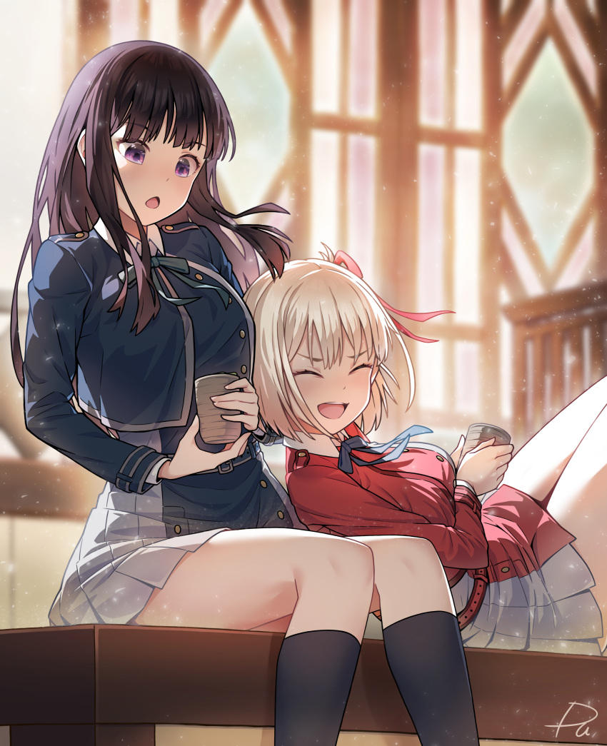 2girls :d :o absurdres black_hair black_socks blonde_hair blue_ribbon breasts closed_eyes cup dress hair_ribbon highres holding holding_cup indoors inoue_takina laughing leaning_on_person long_hair lycoris_recoil lycoris_uniform lying multiple_girls neck_ribbon nishikigi_chisato on_back one_side_up open_mouth pleated_dress radjeong red_ribbon revision ribbon short_hair sitting smile socks thighs