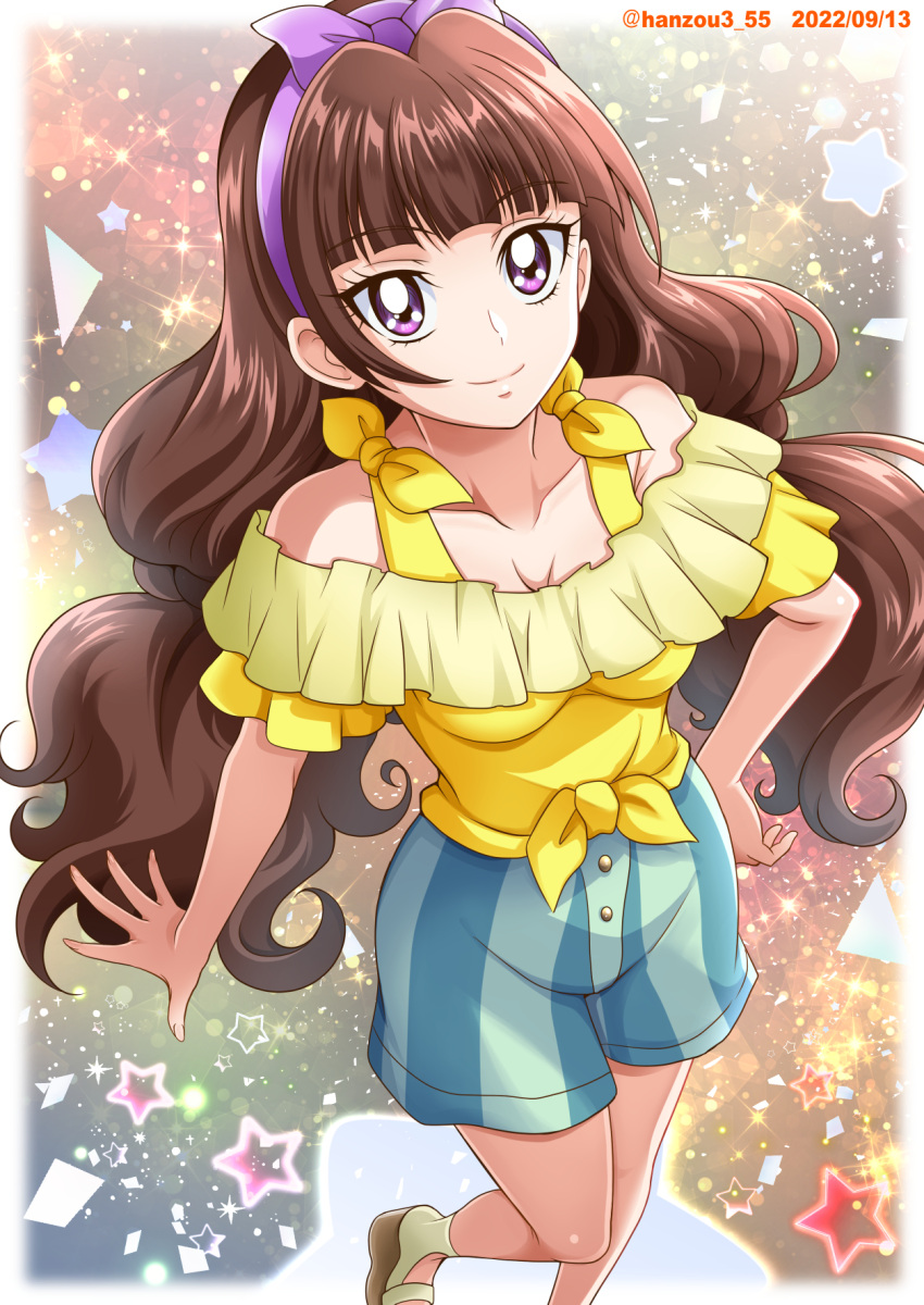 1girl amanogawa_kirara bare_shoulders breasts brown_hair collarbone frilled_shirt frills from_above go!_princess_precure green_shorts hanzou highres long_hair looking_at_viewer looking_up precure shirt shorts small_breasts smile solo starry_background striped striped_shorts twintails vertical_stripes violet_eyes yellow_background yellow_shirt
