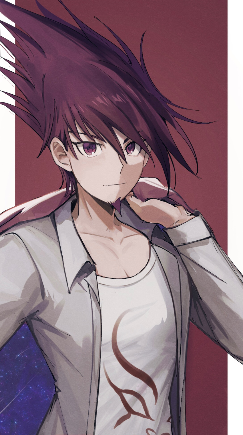 1boy bangs bojue_(hakus_1128) closed_mouth collarbone danganronpa_(series) danganronpa_v3:_killing_harmony grey_shirt hair_between_eyes highres holding holding_clothes holding_jacket jacket jacket_over_shoulder jacket_removed momota_kaito open_clothes open_shirt print_shirt purple_hair red_background shiny shiny_hair shirt smile solo space_print spiky_hair starry_sky_print upper_body violet_eyes white_background