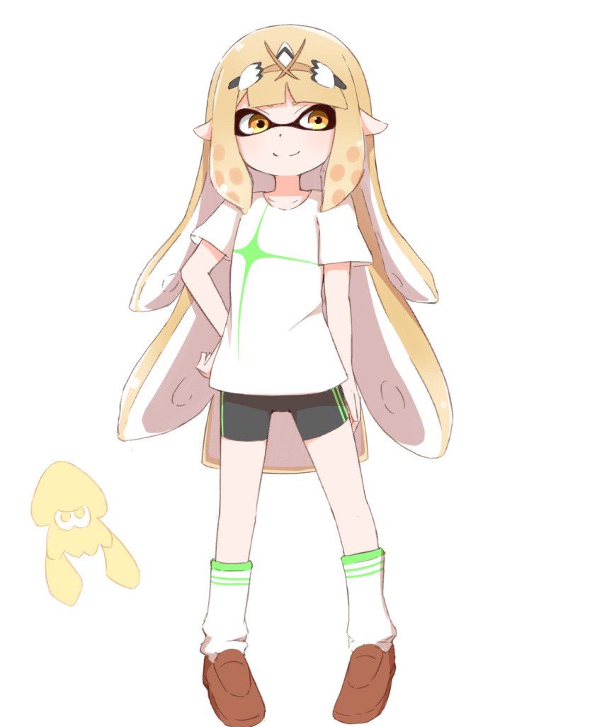 1girl alternate_species bangs bike_shorts blonde_hair chirun0 closed_mouth highres inkling long_hair mythra_(xenoblade) simple_background solo splatoon_(series) squid suction_cups swept_bangs tentacle_hair tentacles very_long_hair white_background yellow_eyes