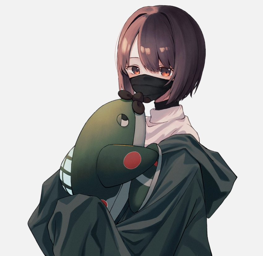 1girl bangs black_mask brown_eyes brown_hair delta_(063k1z5shio) grey_background highres holding holding_stuffed_toy hood hood_down hyuuga_(kancolle) kantai_collection looking_at_viewer mask mouth_mask short_hair simple_background sleeves_past_fingers sleeves_past_wrists solo stuffed_toy turtleneck upper_body