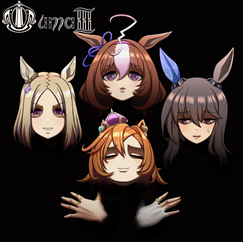 4girls :3 @_@ absurdres admire_vega_(umamusume) ahoge album_cover album_cover_redraw animal_ears black_background blonde_hair blue_ribbon bohemian_rhapsody brown_hair closed_mouth cover crossed_arms crown derivative_work ear_covers hair_between_eyes highres horse_ears horse_girl kantorngo long_hair looking_at_viewer meisho_doto_(umamusume) mini_crown multicolored_hair multiple_girls narita_top_road_(umamusume) orange_hair parody queen_(band) ribbon short_hair simple_background single_ear_cover t.m._opera_o_(umamusume) two-tone_hair umamusume violet_eyes white_hair