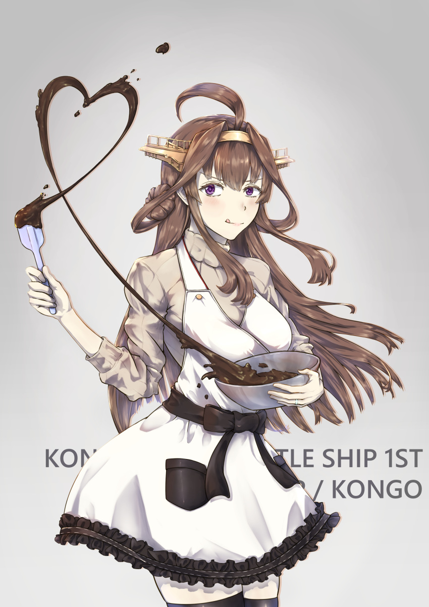 1girl absurdres ahoge alternate_costume apron bowl breasts brown_hair chocolate cowboy_shot diablo010059 double_bun grey_sweater hair_bun hairband headgear highres holding holding_bowl kantai_collection kongou_(kancolle) large_breasts long_hair long_sleeves smile solo standing sweater tongue tongue_out turtleneck turtleneck_sweater valentine violet_eyes white_apron