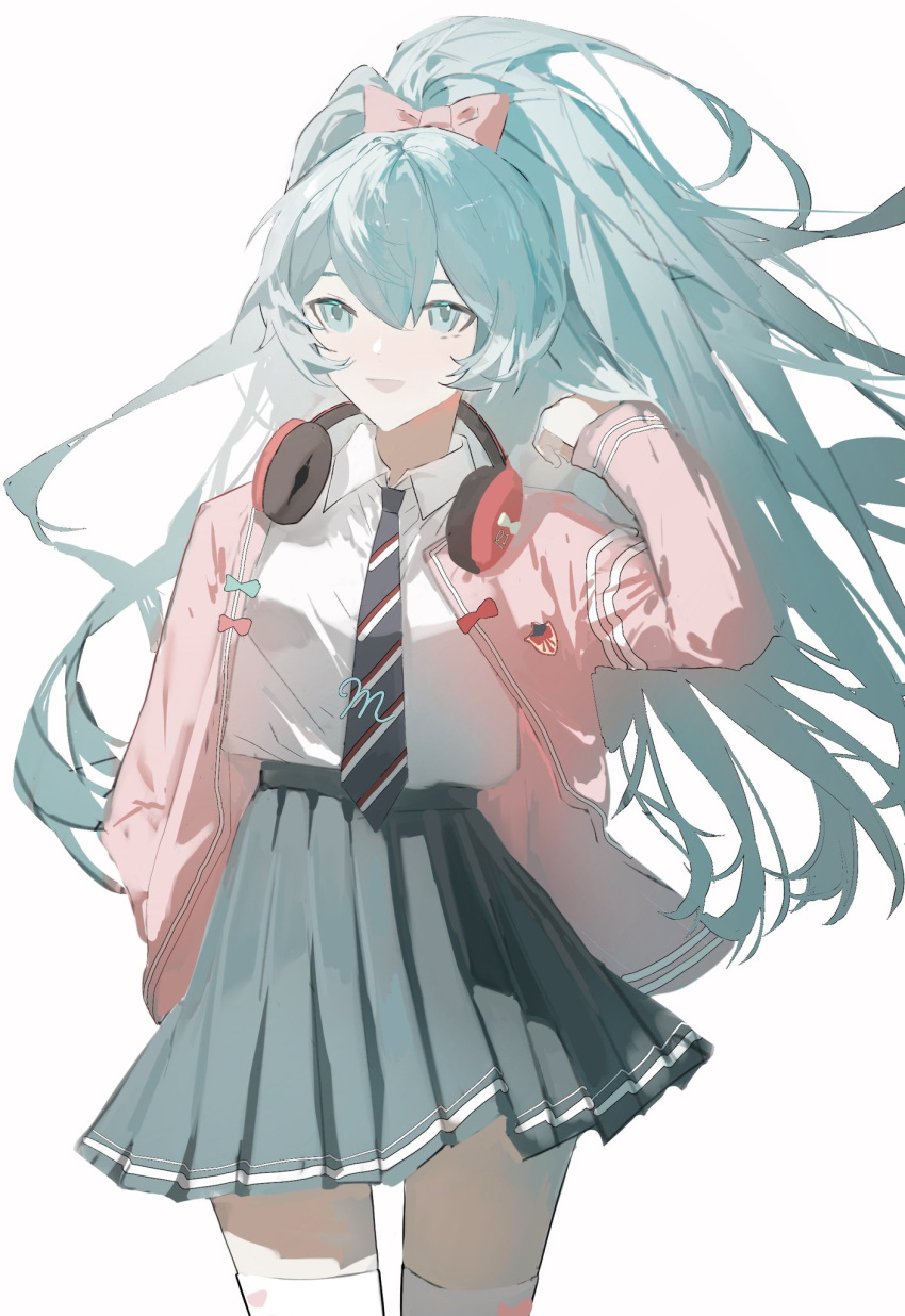 1girl blue_eyes blue_hair blue_skirt bow collared_shirt commentary diagonal-striped_necktie glutton_(18152740927lx) hair_bow hand_in_own_hair hatsune_miku headphones headphones_around_neck high_ponytail highres jacket long_hair long_sleeves pink_bow pink_jacket pleated_skirt project_diva_(series) ribbon_girl_(module) shirt simple_background skirt solo symbol-only_commentary thigh-highs very_long_hair vocaloid white_background white_shirt white_thighhighs