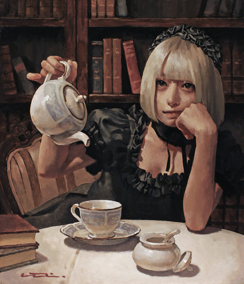 1girl bangs black_dress black_eyes black_headwear blonde_hair blunt_bangs bob_cut book bookshelf cup dress frills hand_on_own_cheek hand_on_own_face head_rest highres holding holding_teapot imai_takahiro indoors oil_painting_(medium) original painting_(medium) puffy_short_sleeves puffy_sleeves realistic short_hair short_sleeves sitting solo teacup teapot traditional_media