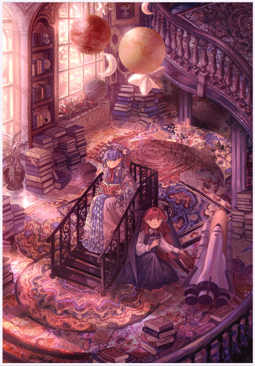 2girls bangs black_dress book book_stack bookshelf candle closed_mouth commentary crescent demon_girl demon_wings dress flask flower hat head_wings highres holding holding_book indoors k0nfette kneeling koakuma long_hair long_sleeves looking_at_viewer mob_cap multiple_girls open_book orb painting_(object) paper parted_lips patchouli_knowledge picking_up plant potted_plant purple_dress purple_hair railing red_eyes redhead scenery shirt sitting skull space_shuttle spacecraft stairs star_(symbol) table touhou tube two-tone_dress violet_eyes white_dress white_headwear white_shirt wide_shot window wings