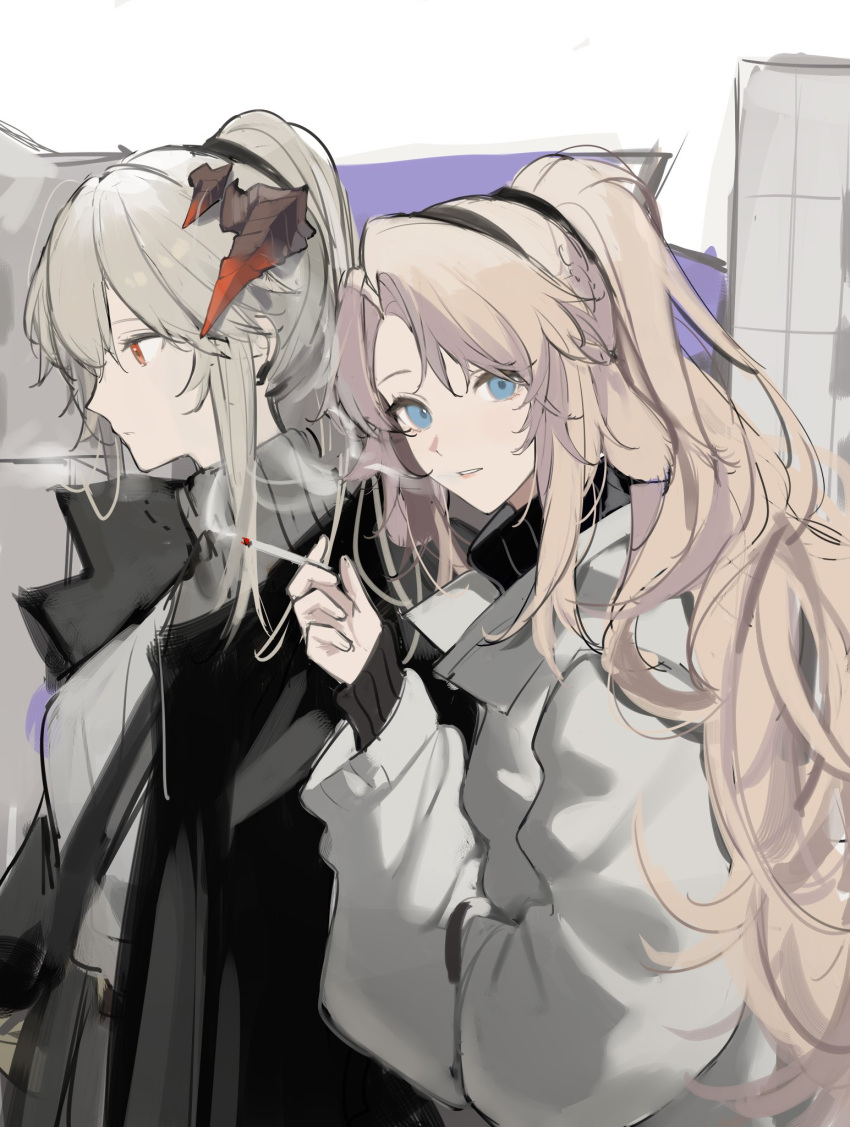 2girls arknights black_jacket blonde_hair blue_eyes dragon_horns grey_hair grey_jacket grey_sweater highres horns jacket joshua_(shisanli934) kirsten_(arknights) long_hair long_sleeves looking_ahead looking_at_viewer multiple_girls open_clothes open_jacket orange_eyes parted_lips ponytail saria_(arknights) smoking sweater turtleneck turtleneck_sweater upper_body