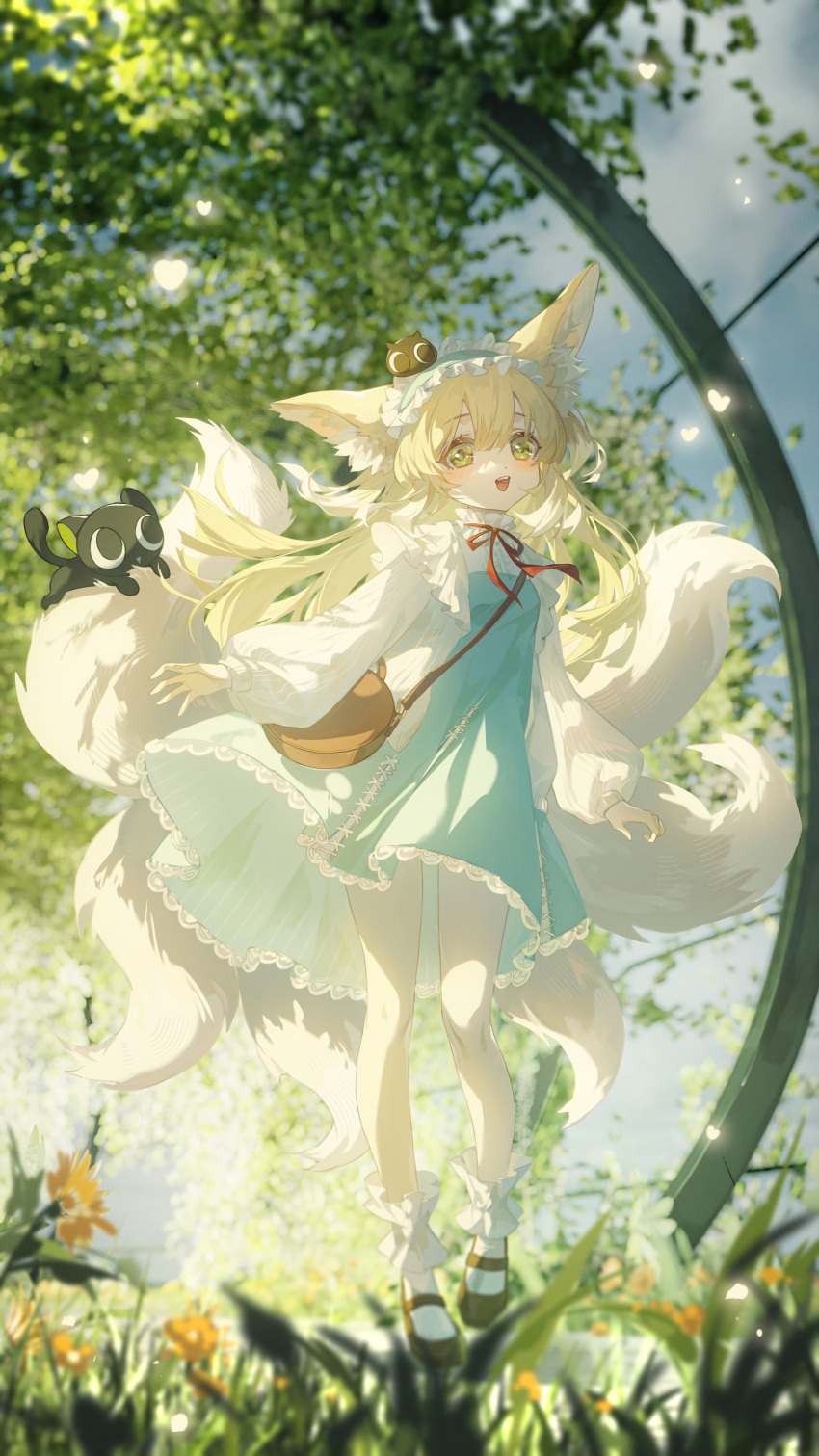 1girl :d absurdres animal animal_ear_fluff animal_ears arknights bag bangs black_cat black_footwear blonde_hair blue_dress blue_hairband blush cat commentary_request day dress flower fox_ears fox_girl fox_tail frilled_hairband frills green_eyes hair_between_eyes hairband highres jacket long_hair long_sleeves looking_at_viewer neck_ribbon open_clothes open_jacket puffy_long_sleeves puffy_sleeves red_ribbon ribbon shirt shoes shoulder_bag sleeves_past_wrists smile socks solo suzuran_(arknights) suzuran_(spring_praise)_(arknights) tail tuzhate very_long_hair white_jacket white_shirt white_socks yellow_flower