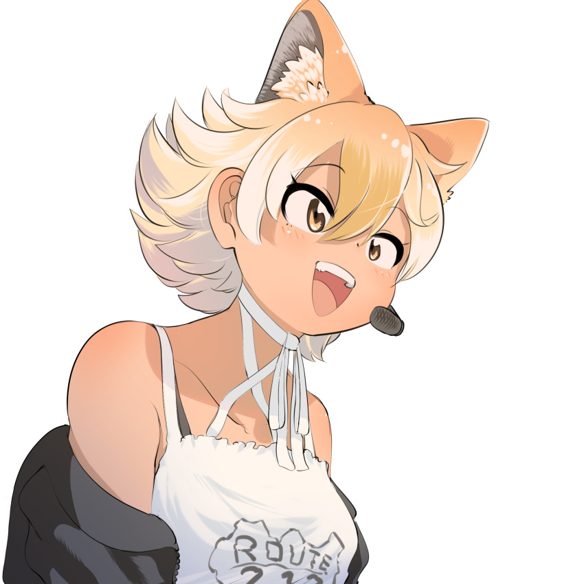 1girl bare_shoulders black_jacket blonde_hair blush choker coyote_(kemono_friends) coyote_ears coyote_girl extra_ears highres jacket kemono_friends kemono_friends_v_project mcgunngu microphone multicolored_hair shirt short_hair solo spaghetti_strap white_choker white_hair white_shirt yellow_eyes