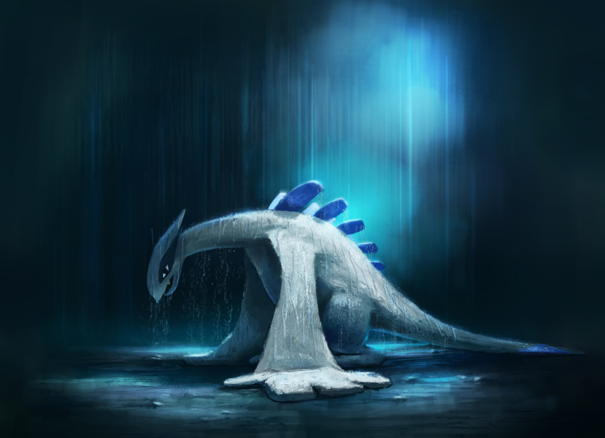 black_eyes commentary dekus fang from_side highres hunched_over lugia no_humans open_mouth pokemon pokemon_(creature) rain sideways_glance solo wet