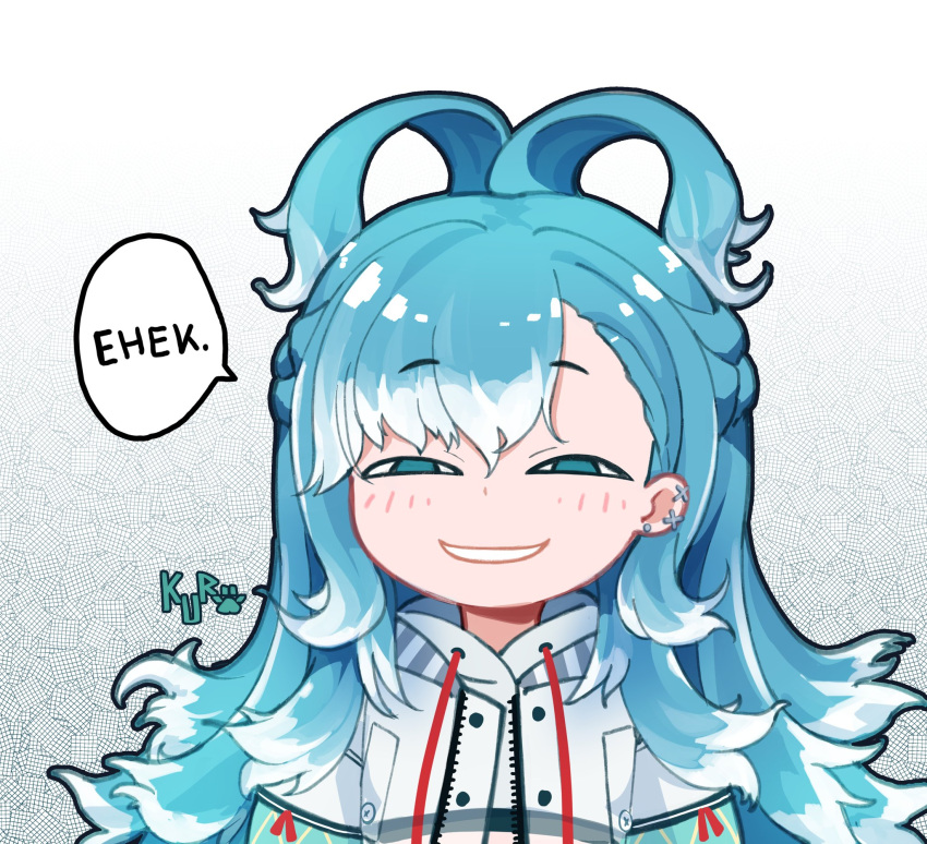 1girl anya's_heh_face_(meme) anya_(spy_x_family) asymmetrical_bangs bangs blue_eyes blue_hair commentary drawstring earrings grin highres hololive hololive_indonesia hood hoodie jacket jewelry kobo_kanaeru kuroqueta long_hair long_sleeves looking_at_viewer meme multicolored_hair parted_lips simple_background smile solo speech_bubble spy_x_family stud_earrings two-tone_hair upper_body virtual_youtuber white_background white_hair