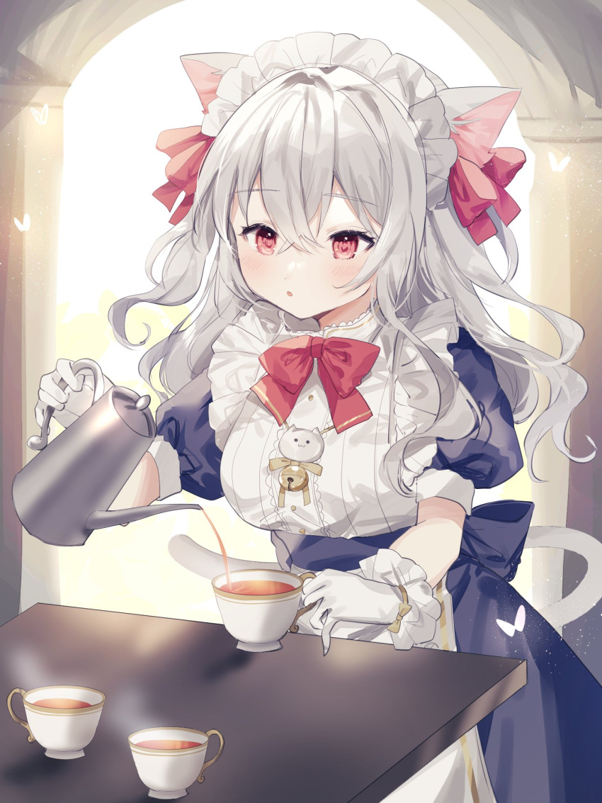 1girl :o animal_ears arch back_bow backlighting bangs bell blue_bow blue_dress blush bow bowtie cat_ears cup dress feet_out_of_frame gloves grey_hair hair_between_eyes hair_bow highres holding holding_cup holding_teapot jingle_bell light_particles long_hair maid maid_headdress mug open_mouth original overexposure pouring red_bow red_bowtie red_eyes sorani_(kaeru0768) standing steam table tea teacup teapot white_gloves white_headwear