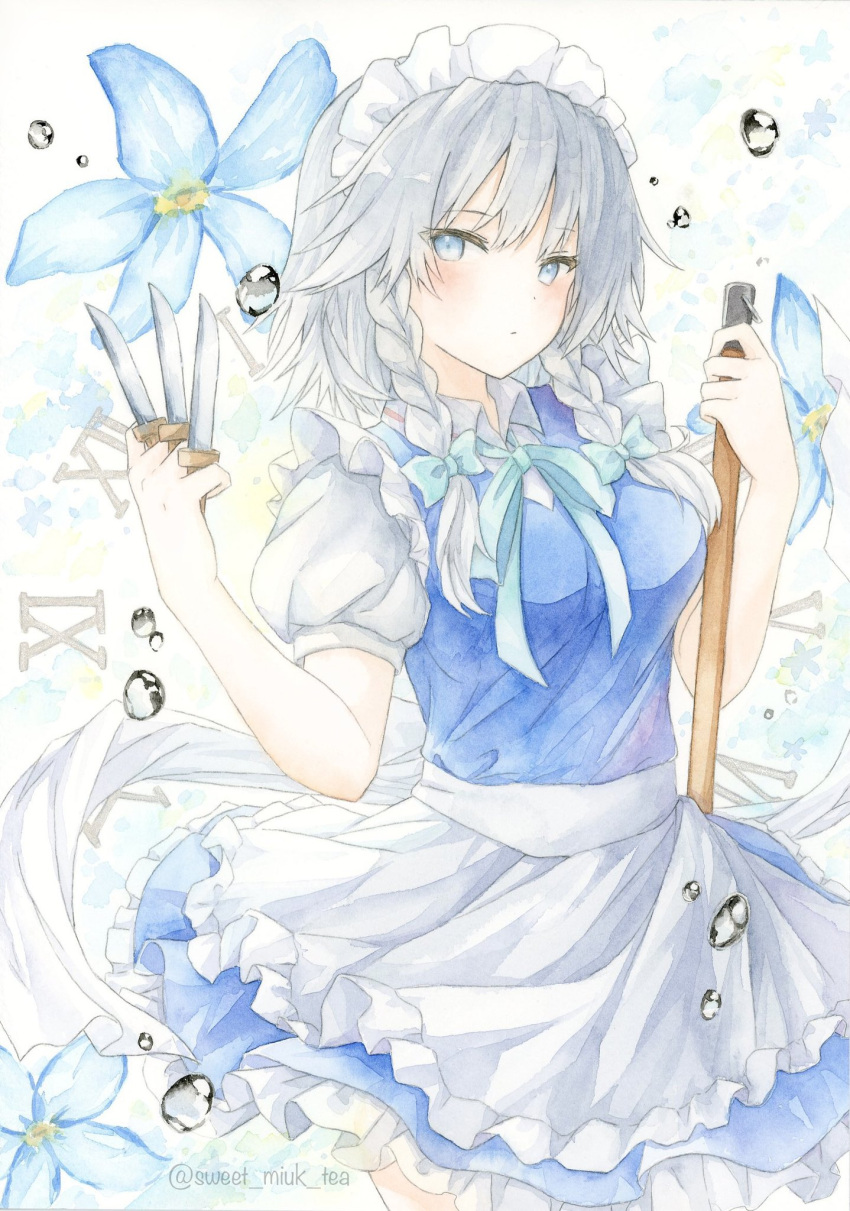 1girl apron aqua_bow aqua_ribbon bangs blue_eyes blue_flower blue_skirt blue_vest bow braid closed_mouth collared_shirt commentary cowboy_shot flower grey_hair hair_bow highres holding holding_knife izayoi_sakuya knife long_hair looking_at_viewer maid maid_apron maid_headdress neck_ribbon painting_(medium) puffy_short_sleeves puffy_sleeves ribbon roman_numeral shirt short_sleeves skirt solo sweet_miuk_tea throwing_knife touhou traditional_media twin_braids twitter_username vest watercolor_(medium) weapon white_shirt wing_collar
