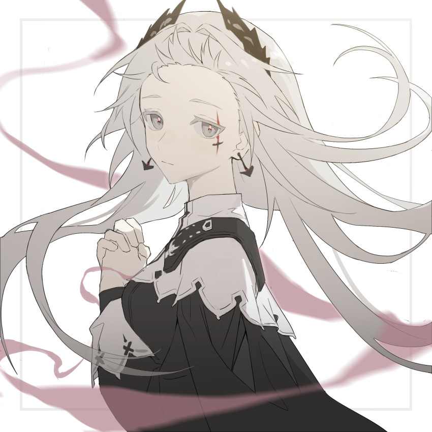 1girl arknights black_dress dress earrings floating_hair from_side grey_eyes grey_hair hair_intakes head_wings highres irene_(arknights) jewelry long_hair looking_at_viewer own_hands_clasped own_hands_together pingdiguo scar scar_across_eye simple_background solo two-tone_dress upper_body very_long_hair white_background white_dress