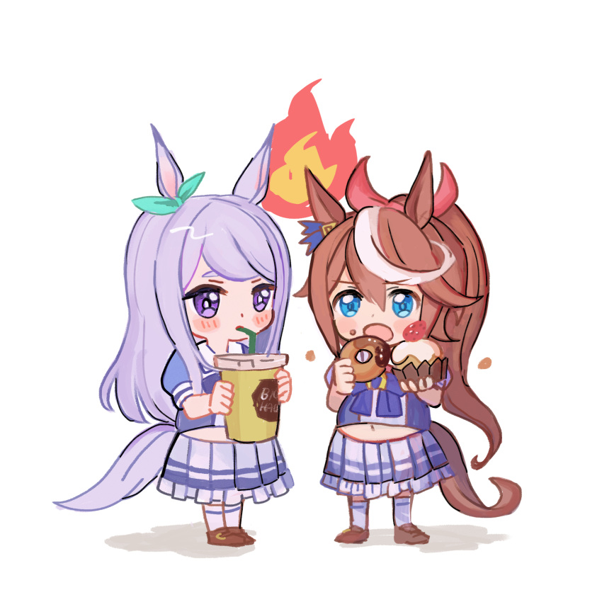 2girls animal_ears blue_eyes blush brown_hair chibi cup cupcake disposable_cup doughnut ear_bow fire flame food full_stomach highres holding holding_cup holding_food horse_ears horse_girl horse_tail long_hair mejiro_mcqueen_(umamusume) multicolored_hair multiple_girls navel nose_blush open_mouth ponytail purple_hair purple_shirt sailor_collar school_uniform shirt shoes simple_background skirt socks standing streaked_hair tail tokai_teio_(umamusume) tracen_school_uniform umamusume white_background white_socks yoshida_(ne)